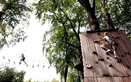 Two participants enjoy the Jungfernheide forest rope garden, with one scaling a wooden climbing wall and another traversing a challenging rope bridge amidst tall green trees.