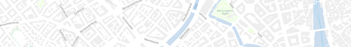 Minimalist city map displaying light gray building blocks, white streets, blue rivers like the Sihl, and green spaces such as the Alter Botanischer Garten, for clear urban navigation.