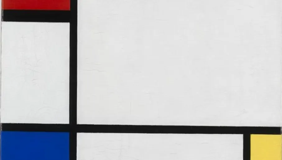 Iconic Piet Mondrian painting featuring red, blue, and yellow blocks within a black grid, a must-see abstract artwork in Amsterdam.