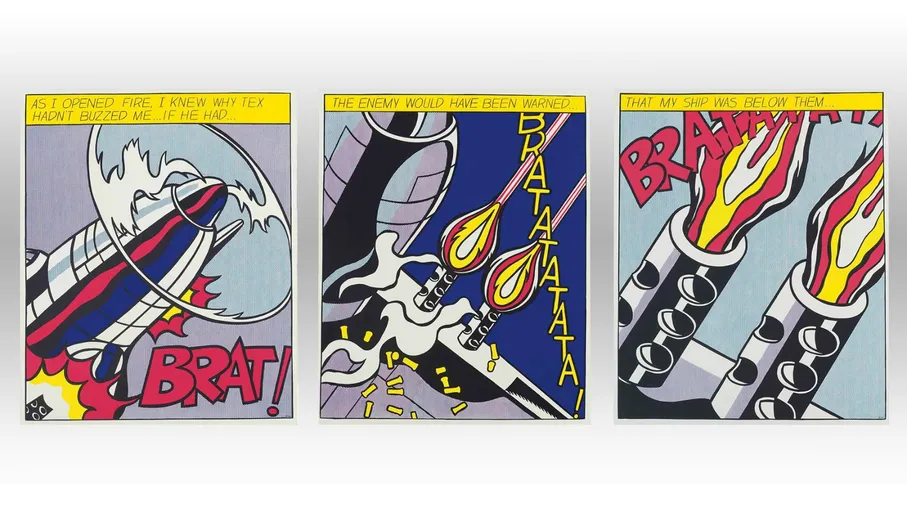 Famous Roy Lichtenstein Pop Art triptych 'As I Opened Fire,' depicting a dynamic comic-style naval battle, a must-see artwork in Amsterdam.