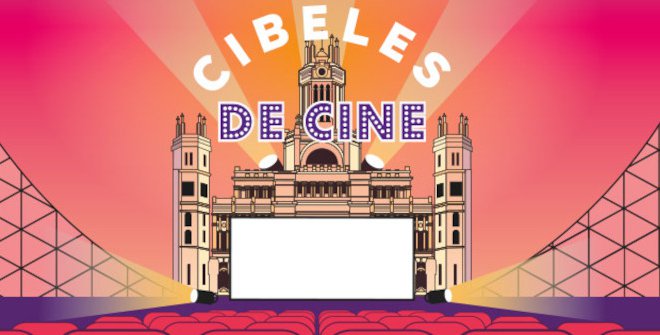 Promotional illustration for Cibeles de Cine outdoor film festival in Madrid, featuring the iconic Palacio de Cibeles, cinema screen, and audience seating.